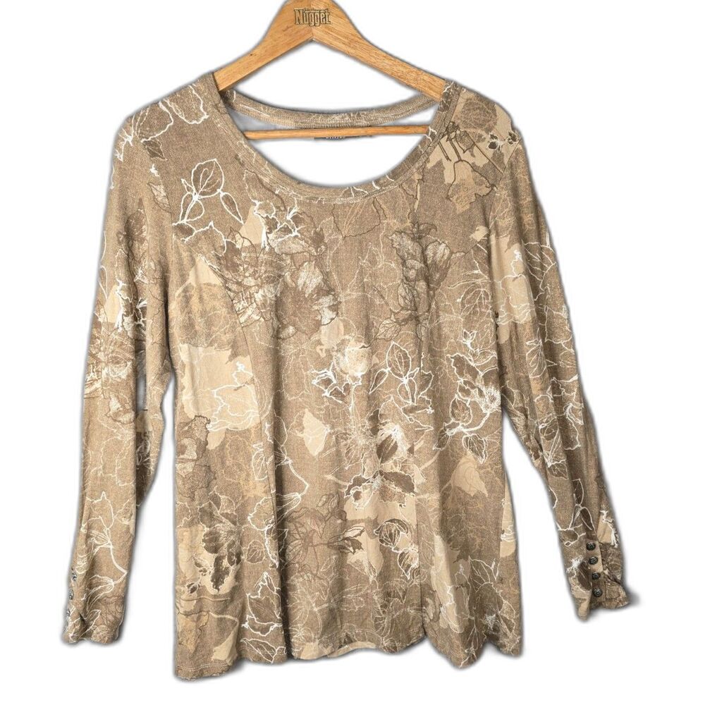 Susan Graver Weekend Brown Botanical Print Tunic Top Large Modal Cotton Boho